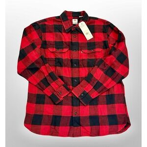 Levis Mens Buffalo Plaid Brushed Flannel Shirt Red Black Size L New Casual